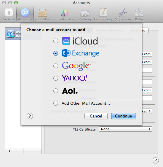 Select Exchange and then click Continue.