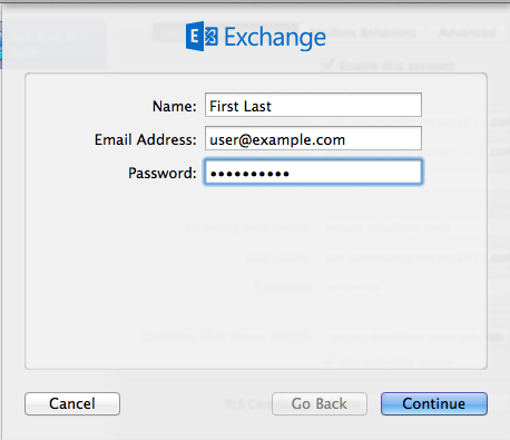 enter your full name and your entire Microsoft Exchange email address and password